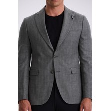 Jakamen Gri Slim Fit Kırlangıç Yaka Çizgili Keten Pamuk Mevsimlik Ceket