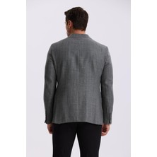 Jakamen Gri Slim Fit Kırlangıç Yaka Çizgili Keten Pamuk Mevsimlik Ceket