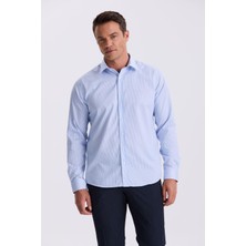 Jakamen Mavi Comfort Fit Ütü Gerektirmeyen %100 Pamuk Çizgili Non İron Gömlek