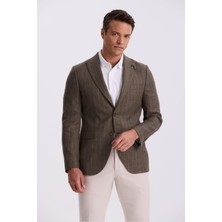 Jakamen Kahve Slim Fit Kırlangıç Yaka Çizgili Keten Pamuk Mevsimlik Ceket