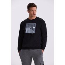 Siyah Slim Fit Bisiklet Yaka Baskılı %100 Pamuk Sweatshirt