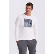 Ekru Slim Fit Bisiklet Yaka Baskılı %100 Pamuk Sweatshirt