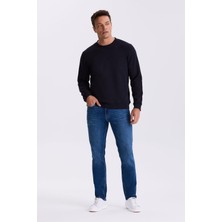 Lacivert Slim Fit Bisiklet Yaka Basic Pamuklu Likralı Sweatshirt