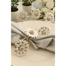 TR Turan Collection Papatya Çiçek 6'lı Gümüş Renk Lüks Peçete Halkası, Beyaz Mineli Çiçek Model Peçete Yüzüğü