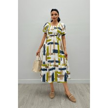 Giyimmasalı Poplin Kumas Göğüsü Büzgü  Detaylı Midi Elbise - Yeşil