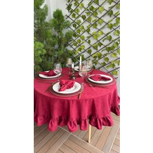 Decamor Home Soft Kumaş Leke Tutmaz Vintage Bordo Yuvarlak Fırfırlı Masa Örtüsü