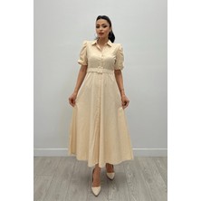 Giyimmasalı Cotton Kumaş Düğme Detaylı Gömlek Elbise - Krem