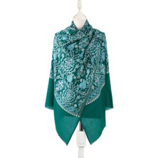 Bursa İpek Yeşil Turkuaz Lale Desen Işlemeli Yün Ipek Şal