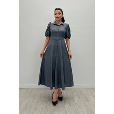 Giyimmasalı Cotton Kumaş Düğme Detaylı Gömlek Elbise - Gri