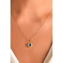 Prenses Pırlanta 14 Ayar Altın Kolye Nazar Boncuklu Göz Kolye Ucu Yuvarlak Desenli Zincir Dahil Değil