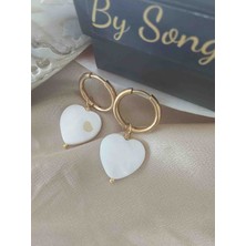 By Song Jewelry Sedef Kalp Doğaltaşlı Çelik Küpe