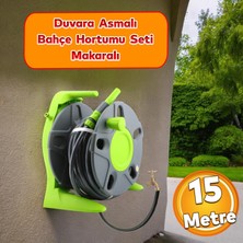 Badem10 Makaralı Hortum Seti Duvar Monteli Bahçe Çeşme Su Hortumu 1/2 Sulama Araç Yıkama 15 Metre Tambur