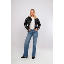 Sare Mod Kadın Siyah Crop Ceket Hakiki Deri Mont