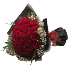 Refox Gerçek Görünümlü Cipso Süslemeli Yapay Kadife Gül Kız Isteme Buketi 30'lu,isteme Çiçeği