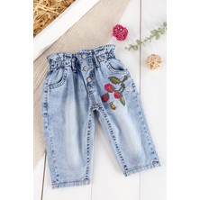 Babymod Çilek Nakışlı Denim Kumaşlı Beli Lastikli Kız Bebek Kot Pantolon