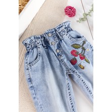 Babymod Çilek Nakışlı Denim Kumaşlı Beli Lastikli Kız Bebek Kot Pantolon