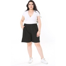 Şans Kadın Büyük Beden Gri Bürümcük Kumaş Beli Lastikli Yan Cepli Şort 65N37979