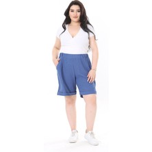Şans Kadın Büyük Beden Gri Bürümcük Kumaş Beli Lastikli Yan Cepli Şort 65N37979