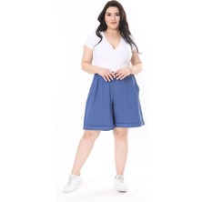 Şans Kadın Büyük Beden Gri Bürümcük Kumaş Beli Lastikli Yan Cepli Şort 65N37979