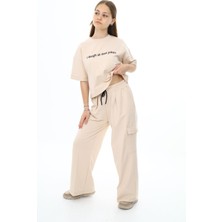 Asortix Kız Çocuk %100 Pamuk Oversize Kargo Cepli Yarım Kol Alt-Üst Eşofman TAKIM-AÜT-0017