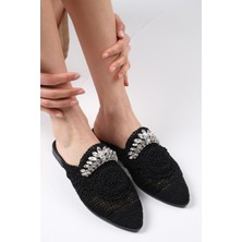 Mio Gusto Lisette Siyah Renk Taş Tokalı Kadın El Örgüsü Düz Terlik