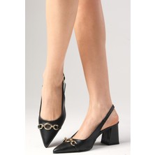 Mio Gusto Elvin Siyah Renk Sivri Burunlu Zincir Aksesuarlı Topuklu Ayakkabı