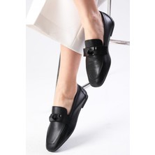 Mio Gusto Candy Hakiki Deri Siyah Renk Fiyonk Aksesuarlı  Küt Burunlu Kadın Loafer Ayakkabı
