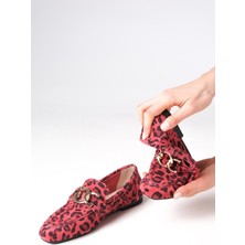 Mio Gusto Myrcella Süet Turuncu Renk Leopar Desenli Zincir Aksesuarlı Küt Burunlu Kadın Loafer Ayakkabı