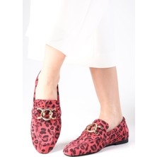 Mio Gusto Myrcella Süet Turuncu Renk Leopar Desenli Zincir Aksesuarlı Küt Burunlu Kadın Loafer Ayakkabı