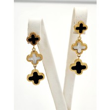 Hena Siyah Beyaz Sallantılı Minimal Yonca Küpe