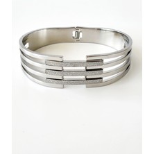 Hena Simli 3'lü Kaburga Çelik Silver Kelepçe Bileklik