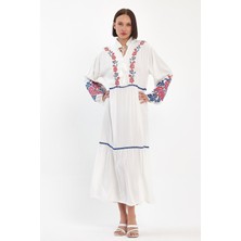 Deseo Boutique Kadın Kaneviçe Işleme Detaylı Nakışlı Uzun Kollu Uzun Boy Tesettür Elbise