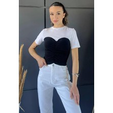 Deseo Boutique Kadın Siyah-Beyaz Renk Sandy Karnili Dar Kalıp Crop Tişört T-Shirt