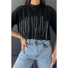 Deseo Boutique Kadın Sallanan Hareketli Taş Detaylı Şık T-Shirt T-Shirt