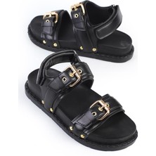 Shoetek Tarisa Kadın Sandalet Bantlı Tokalı Siyah Deri