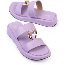 Shoetek Fisheda Kadın Terlik Çift Bantlı Orta Tokalı Lila Deri