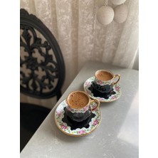 Kubart El Boyama 24 Ayar Altın Işlemeli Porselen Saray Fincan Siyah