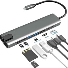 Byrist USB C Hub 8 In 1 Type-C HDMI/RJ45/USB Bağlantı Noktası/pd/sd Kart Okuyucu Android/ios Uyumlu Adaptör