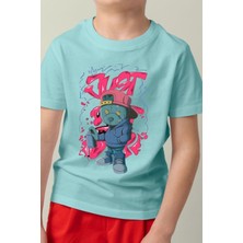 Çocukça Giy Çocukçagiy Bear Grafiti  Baskılı Erkek Kız Çocuk Pamuklu Bisiklet Yaka Tshirt