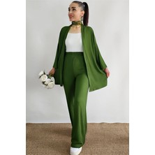 Yakamel Kadın Dökümlü Bürümcük Yazlık Uzun Kol Palazzo Trend Kimono Alt Üst  Takım