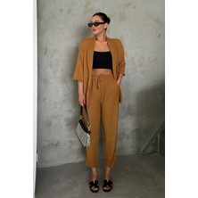 Yakamel Kadın Dökümlü Bürümcük Düz Paça Yazlık Palazzo Trend Kimono Alt Üst Takım