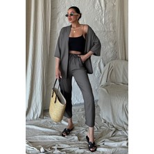 Yakamel Kadın Dökümlü Bürümcük Düz Paça Yazlık Palazzo Trend Kimono Alt Üst Takım