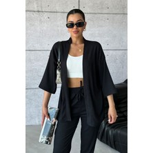 Yakamel Kadın Dökümlü Bürümcük Düz Paça Yazlık Palazzo Trend Kimono Alt Üst Takım