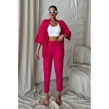 Yakamel Kadın Dökümlü Bürümcük Düz Paça Yazlık Palazzo Trend Kimono Alt Üst Takım