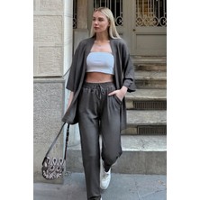 Yakamel Kadın Dökümlü Bürümcük Düz Paça Yazlık Palazzo Trend Kimono Alt Üst Takım