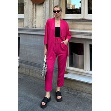 Yakamel Kadın Dökümlü Bürümcük Düz Paça Yazlık Palazzo Trend Kimono Alt Üst Takım