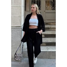 Yakamel Kadın Dökümlü Bürümcük Düz Paça Yazlık Palazzo Trend Kimono Alt Üst Takım