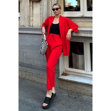 Yakamel Kadın Dökümlü Bürümcük Düz Paça Yazlık Palazzo Trend Kimono Alt Üst Takım