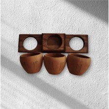Toprak Ahşap Basamak Standlı Siyah Çizgi Desenli Podyum 3 Adet Toprak Saksı 7*7 cm
