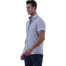 Exve Exclusive Mavi Flamlı Keten Yaka ve Göğüs Pat Baskı Detaylı Slim Fit Kısa Kollu Yazlık Gömlek